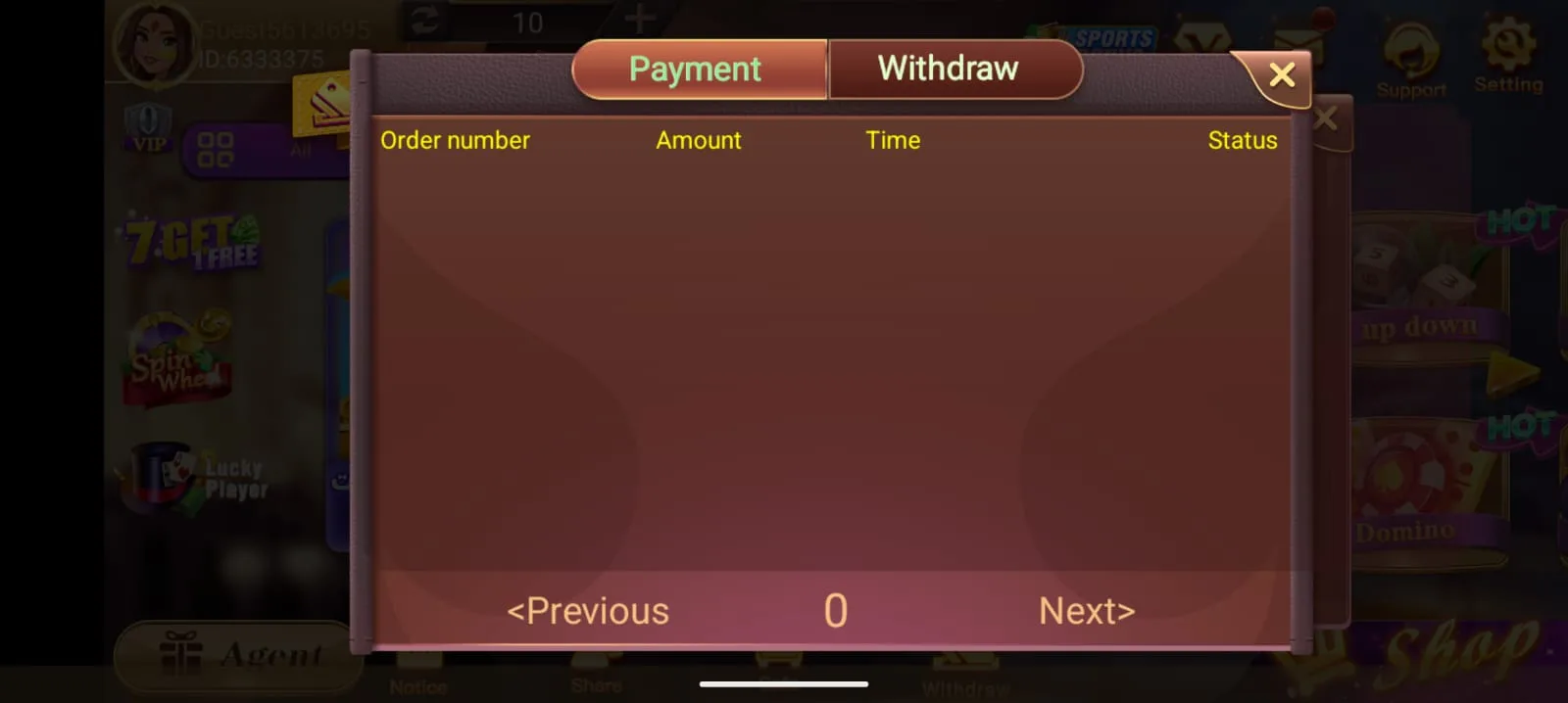 Dragon Tiger Club Payment history tab showing pending and completed transactions