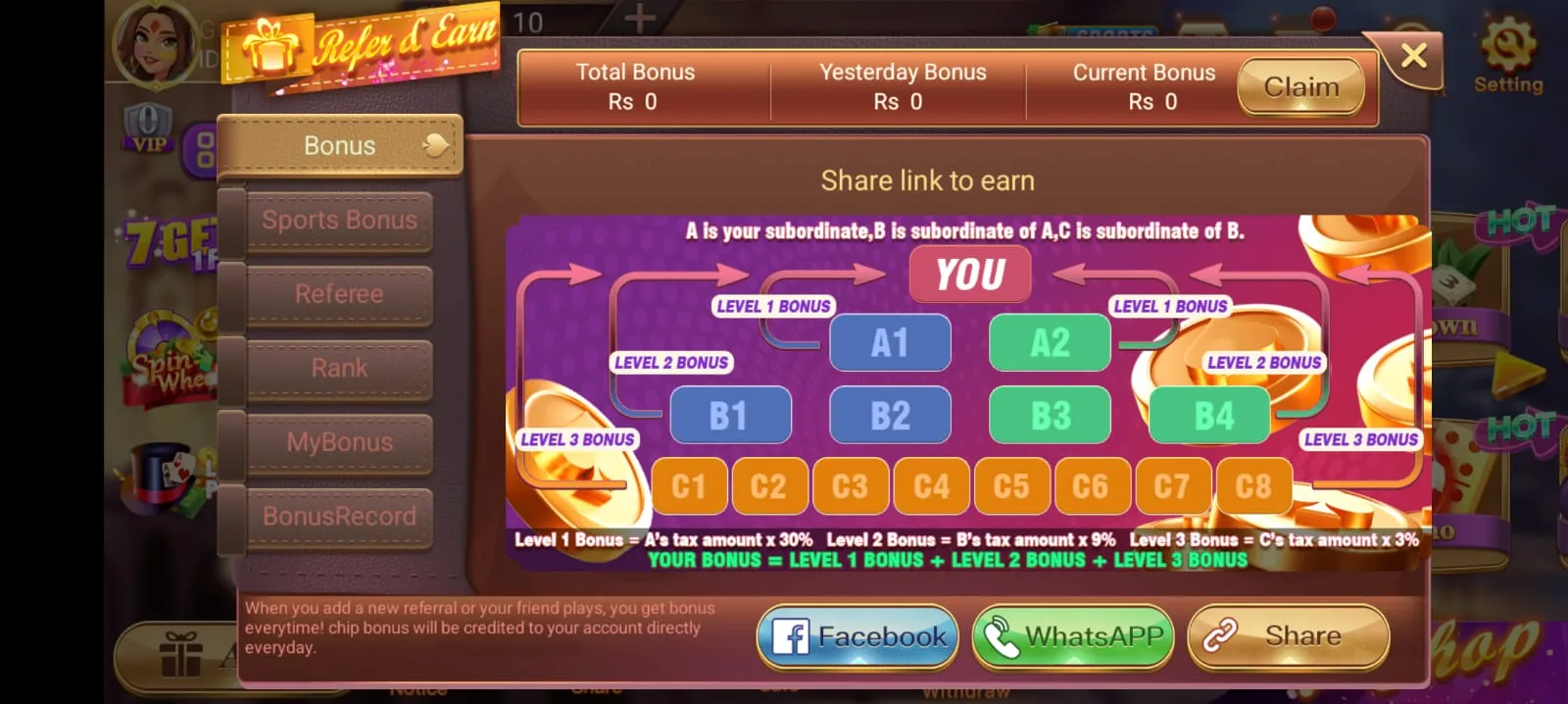 Dragon Tiger Club referral and bonus screen showing Level 1, 2 and 3 commission structure inside the app