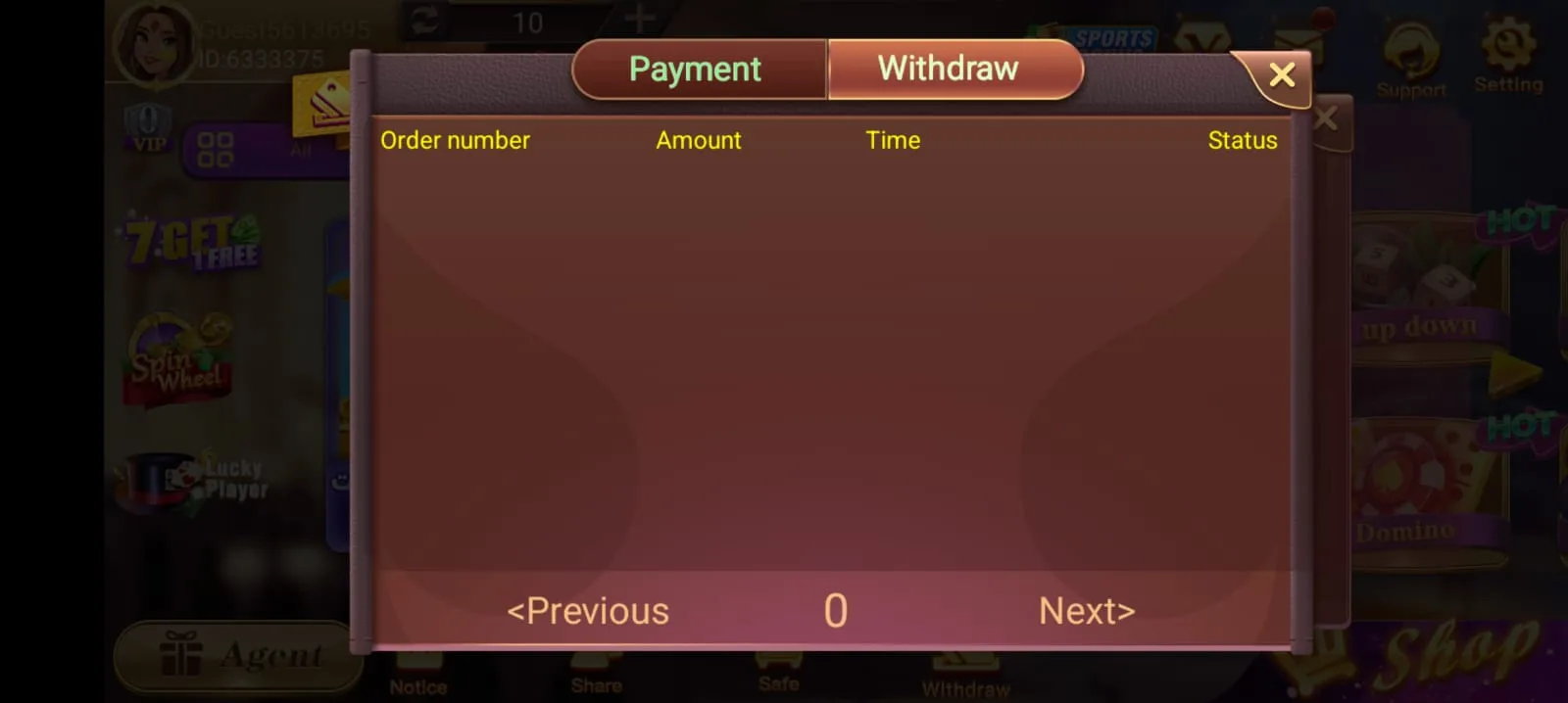 Dragon Tiger Club withdraw history screen showing order number, amount, time and status columns